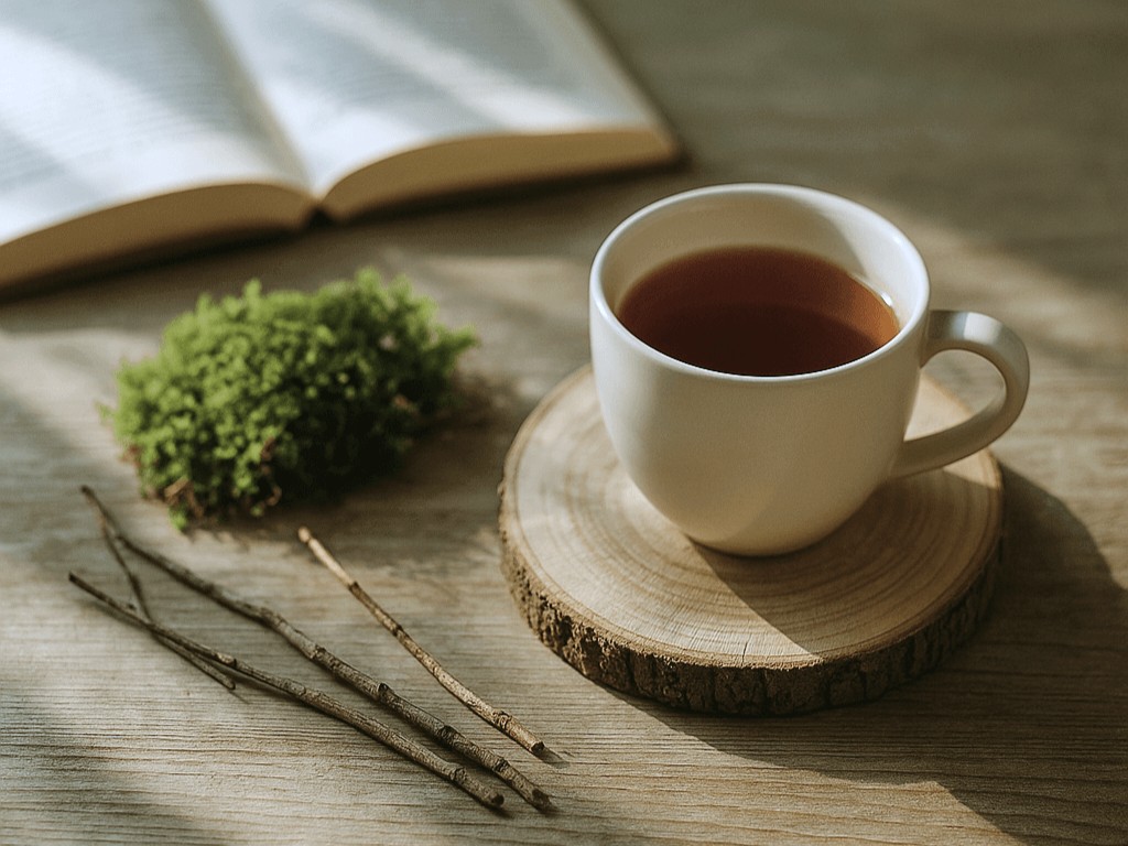 Warm morning light on a wooden table with a cup of tea, moss, and twigs — a calm everyday moment inspired by nature and slow living.