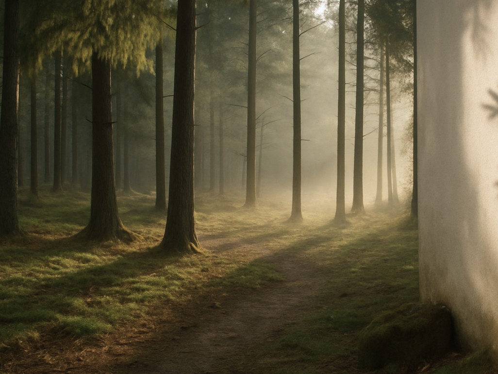 Morning light in a calm forest path, soft mist between trees — a quiet moment for reflection and thought.