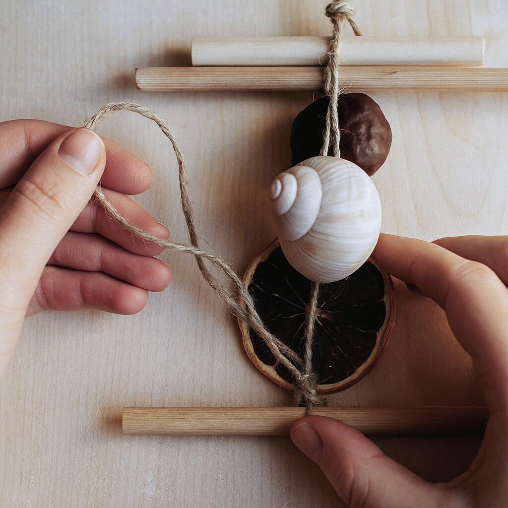 Hands creating a handmade nature ornament with shell, dried citrus, and chestnut on a light wooden table.