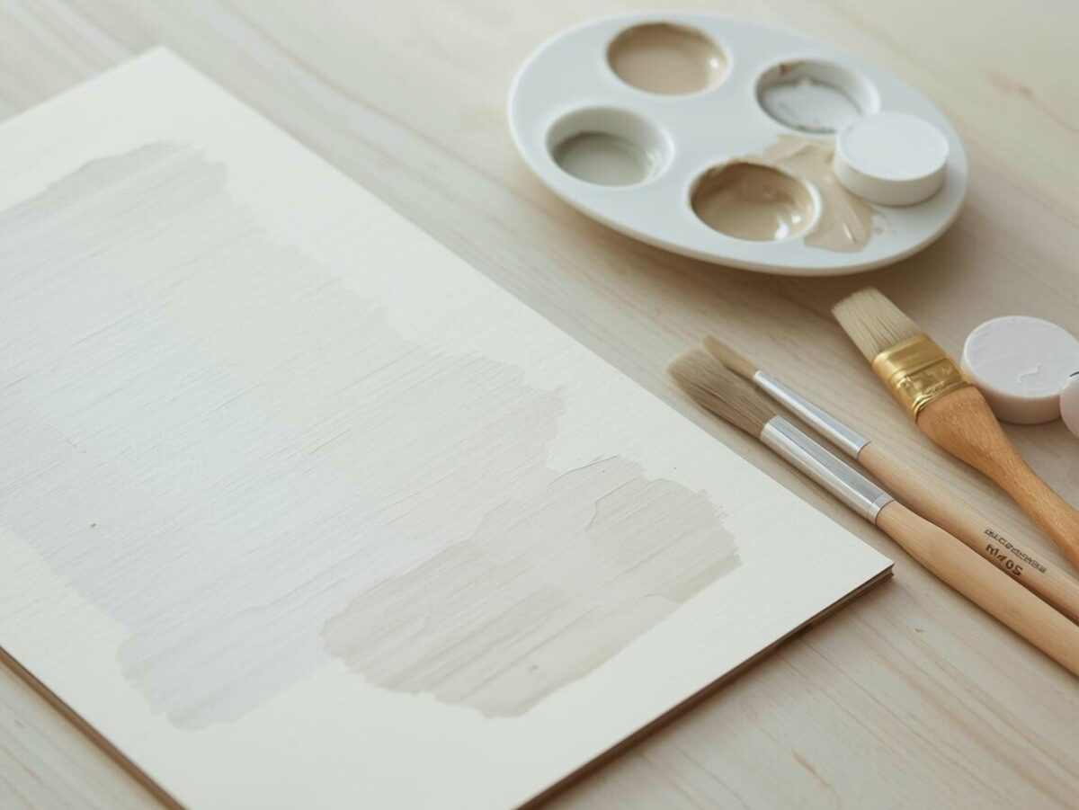 Light painted A4 board resting on a pale wooden table, with soft neutral tones, paint brushes and a mixing palette nearby.