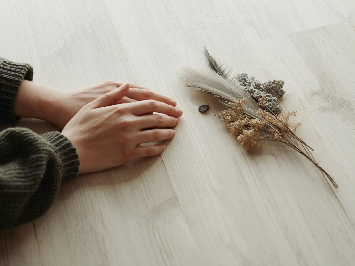 Hands resting on a pale wooden table beside natural materials, dried grasses and feathers in soft neutral light.