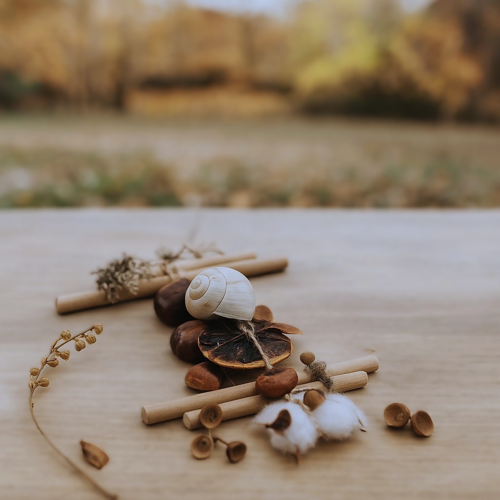 Nature-inspired handmade amulet lying on a wooden table with autumn forest in the background, symbolizing the changing seasons and creative rhythm.